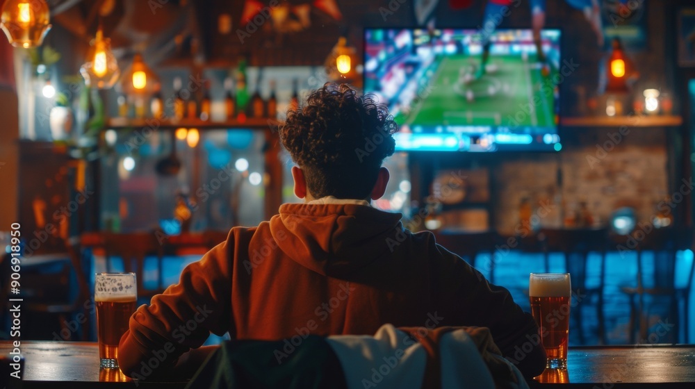 man with his back watching a football match in a pub with a beer man with his back watching a football match in a pub with a beer