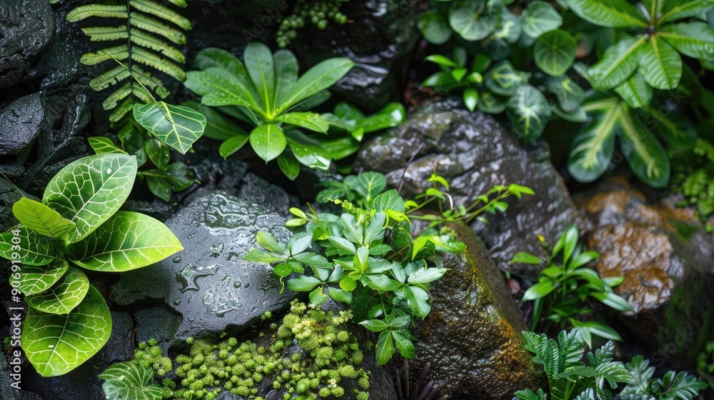 Close up view of various plants on rocks in a forest setting with space for text Close up view of various plants on rocks in a forest setting with space for text