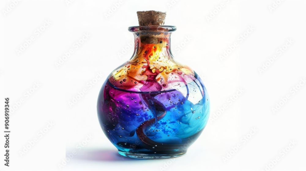 A potion of power with mythical creature, sorcery element, fantasy art, mystical colors, isolated on white background A potion of power with mythical creature, sorcery element, fantasy art, mystical colors, isolated on white background