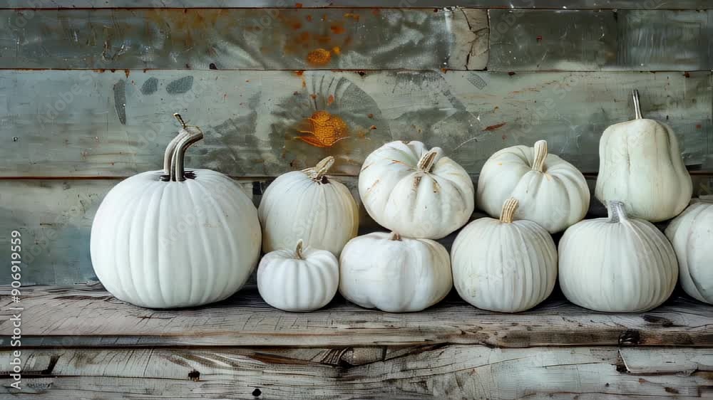 A collection of white pumpkins of different shapes and sizes displayed on a rustic wooden shelf with a weathered background.
