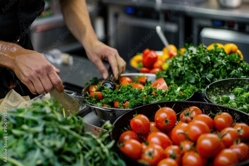 A chef is preparing a salad with a variety of vegetables, including tomatoes A chef is preparing a salad with a variety of vegetables, including tomatoes