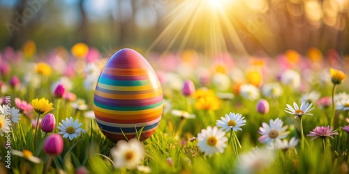 A Colorful Eggs ester floating on the flower field AI-Generated Content photo