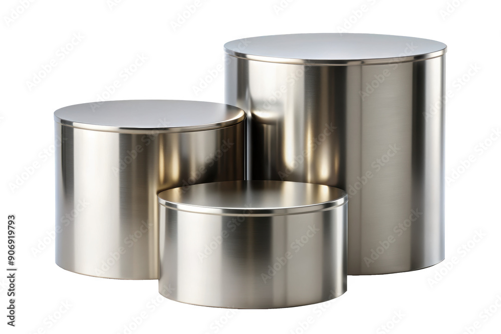 Set of Cylindrical Metal Pedestals with Smooth Finish, Perfect for Modern Interiors. Isolated on transparent background, png. Set of Cylindrical Metal Pedestals with Smooth Finish, Perfect for Modern Interiors. Isolated on transparent background, png.