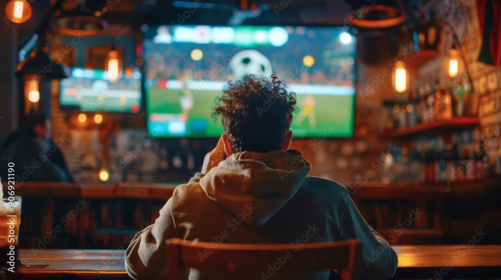 man with his back watching a football match in a pub with a beer man with his back watching a football match in a pub with a beer