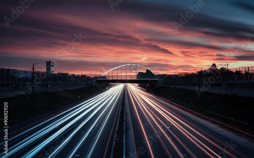 Vibrant Sunset Over Busy Highway With Light Trails and Bridge in Background