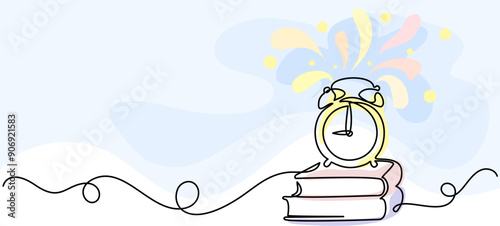 Books and alarm clock in wavy line frame. Education and study learning concept.