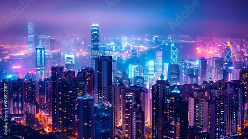 Futuristic Cityscape with Glowing Skyscrapers and Vibrant Lights at Night