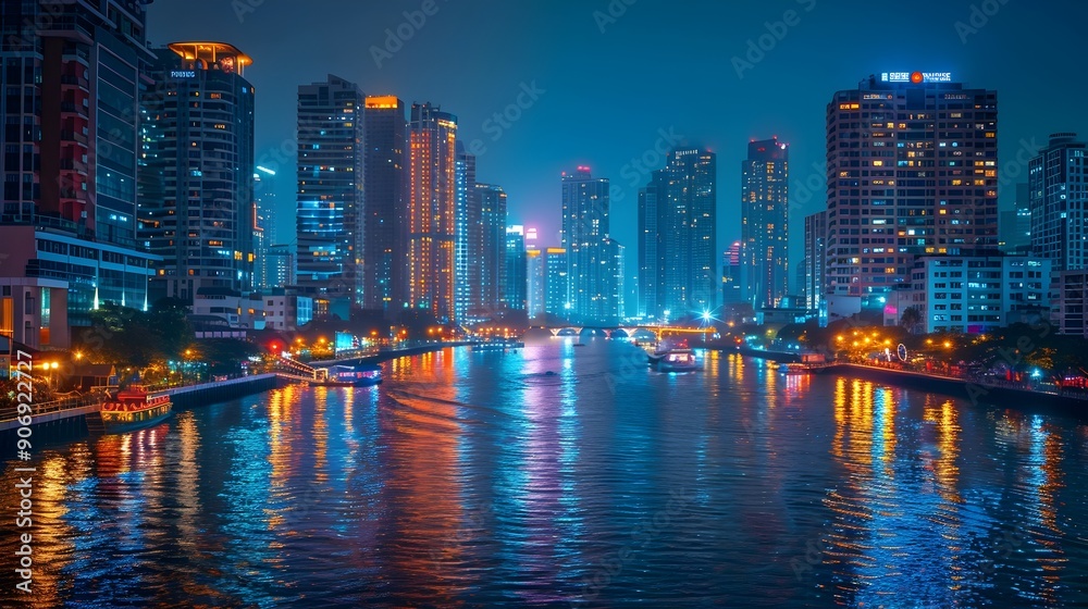 Naklejka premium Mesmerizing Nighttime City Skyline with Colorful Reflections on the River and Cruising Boats