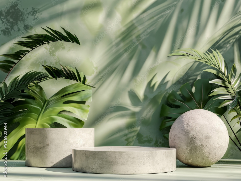 Two Concrete Platforms and a Sphere in Front of a Tropical Green Background Two Concrete Platforms and a Sphere in Front of a Tropical Green Background