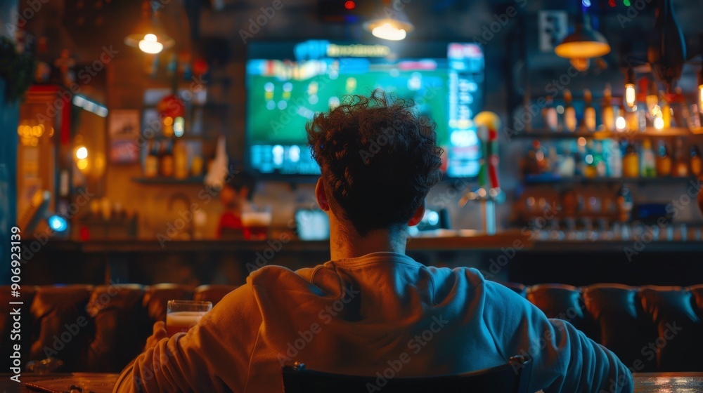 man with his back watching a football match in a pub with a beer man with his back watching a football match in a pub with a beer