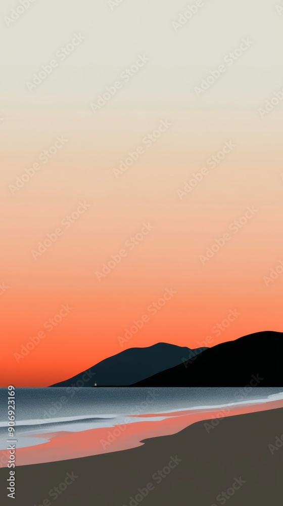 Lofi illustration of a quiet beach at sunset with waves gently lapping the shore distant mountains and a lighthouse in the background creating a serene and tranquil atmosphere Lofi illustration of a quiet beach at sunset with waves gently lapping the shore distant mountains and a lighthouse in the background creating a serene and tranquil atmosphere