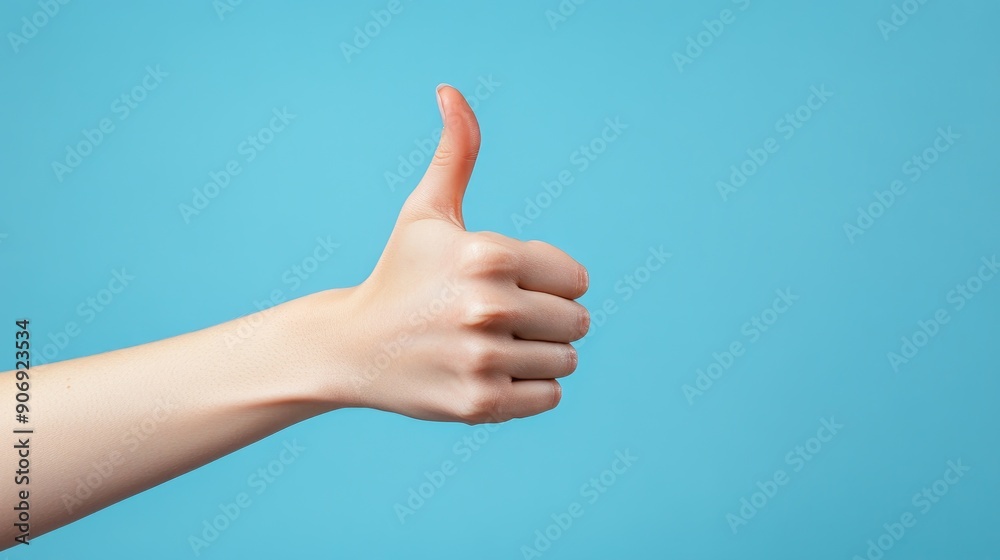 A hand giving a thumbs up gesture against a blue background. A hand giving a thumbs up gesture against a blue background.