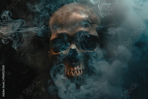 A skull is surrounded by smoke and the smoke Isolated on black background back light