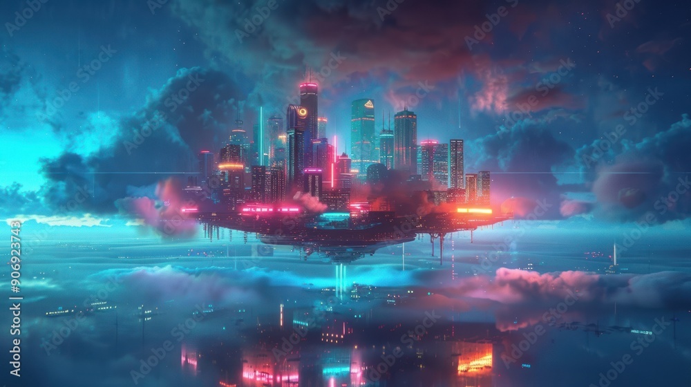 Obraz premium futuristic floating city at night with glowing buildings and colorful neon lights.
