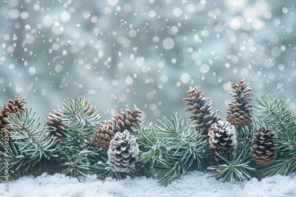A snowy background with pine trees and pine cones snowy ice background A snowy background with pine trees and pine cones snowy ice background