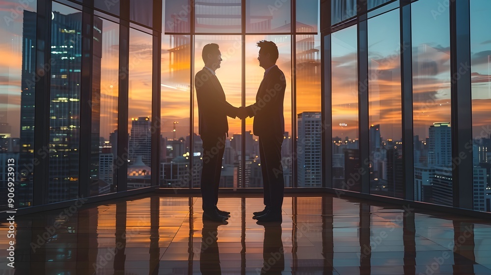 Successful Business Leaders Shake Hands in High Rise Office Celebrating Deal