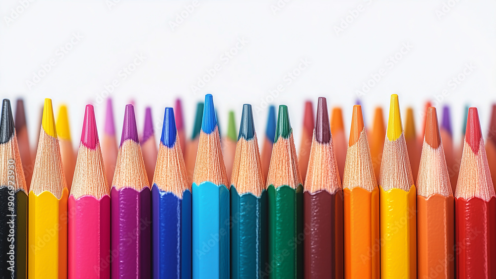Brightly colored wooden pencils arranged upward, vertically on a white surface. For education materials, color pencils, and creative contents. Brightly colored wooden pencils arranged upward, vertically on a white surface. For education materials, color pencils, and creative contents.