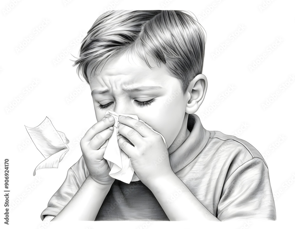 Young Boy With Blond Hair Holding Tissue While Suffering From Cold in Bright Indoor Setting, allergy Young Boy With Blond Hair Holding Tissue While Suffering From Cold in Bright Indoor Setting, allergy