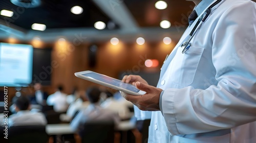 Healthcare Professional Engaging Digital Device During Medical Conference. AI Generated