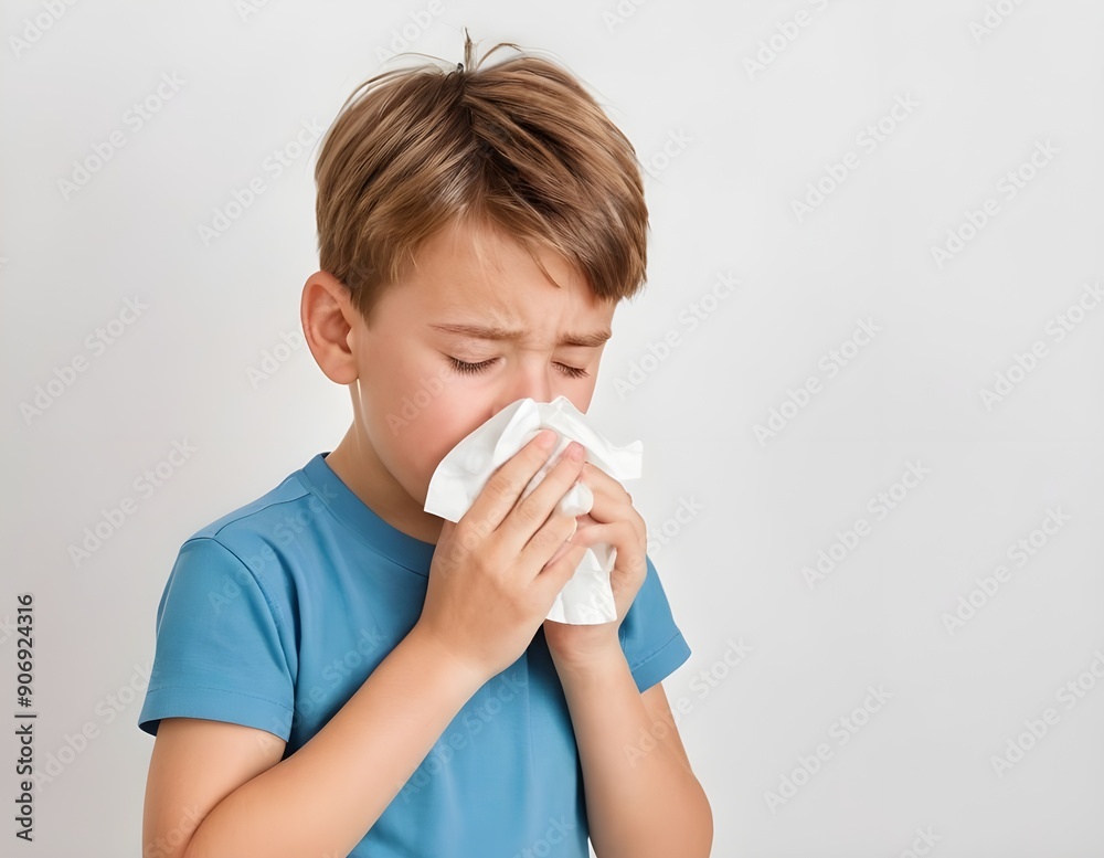 Young Boy With Blond Hair Holding Tissue While Suffering From Cold in Bright Indoor Setting, allergy Young Boy With Blond Hair Holding Tissue While Suffering From Cold in Bright Indoor Setting, allergy