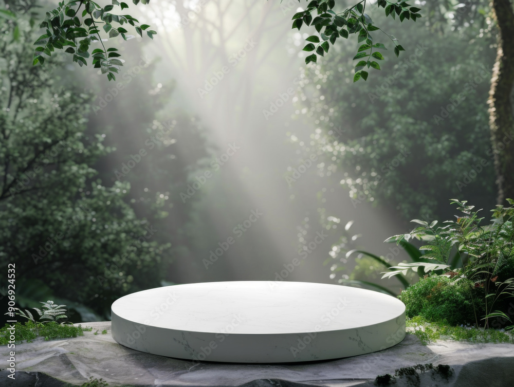White Marble Podium in a Misty Forest Setting White Marble Podium in a Misty Forest Setting