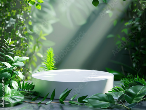 White Circular Pedestal Surrounded by Lush Greenery in a Sunlight-Drenched Forest Setting