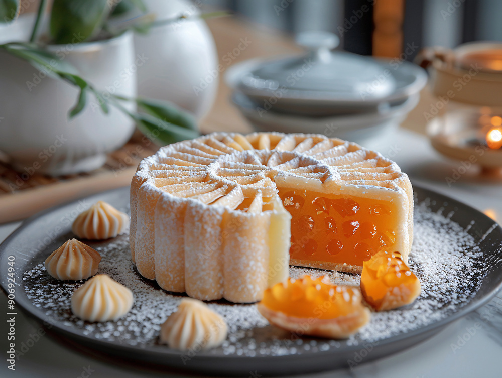 mooncake has a golden brown color. There are flowers in the background in mid autumn festival mooncake has a golden brown color. There are flowers in the background in mid autumn festival