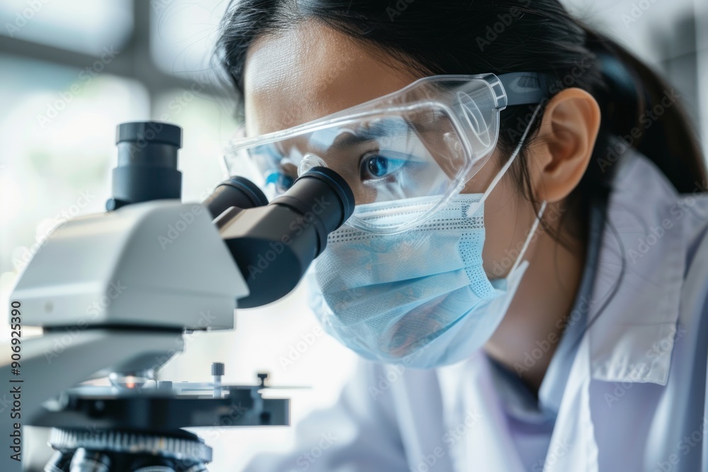 A woman wearing a lab coat and a mask is looking at a microscope. She is wearing a pair of safety goggles A woman wearing a lab coat and a mask is looking at a microscope. She is wearing a pair of safety goggles