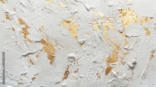 An abstract artwork with a textured white canvas splattered with shimmering gold paint, creating a vibrant contrast that suggests both spontaneity and sophistication. Modern art.