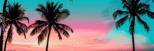 Surreal Sunset Over Tropical Palm Trees with a Dreamlike Gradient Sky - A Captivating Vision of Nature's Artistry.