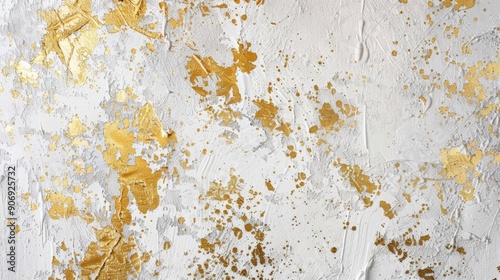 An abstract artwork with a textured white canvas splattered with shimmering gold paint, creating a vibrant contrast that suggests both spontaneity and sophistication. Modern art.