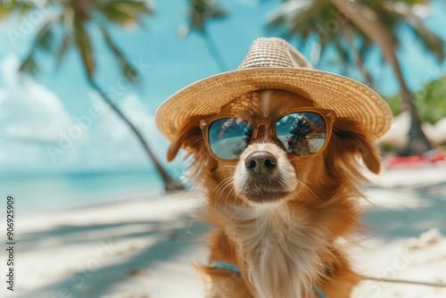 Adorable Dog in Sunglasses and Hat on Tropical Beach with Calm Sea and Palm Trees