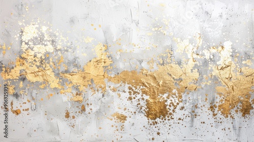An abstract artwork with a textured white canvas splattered with shimmering gold paint, creating a vibrant contrast that suggests both spontaneity and sophistication. Modern art.