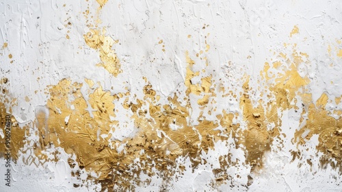 An abstract artwork with a textured white canvas splattered with shimmering gold paint, creating a vibrant contrast that suggests both spontaneity and sophistication. Modern art.
