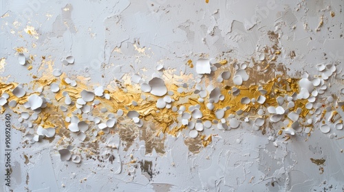 An abstract artwork with a textured white canvas splattered with shimmering gold paint, creating a vibrant contrast that suggests both spontaneity and sophistication. Modern art.