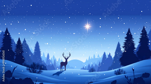 Deer in a Snowy Forest With a Night Starry Sky