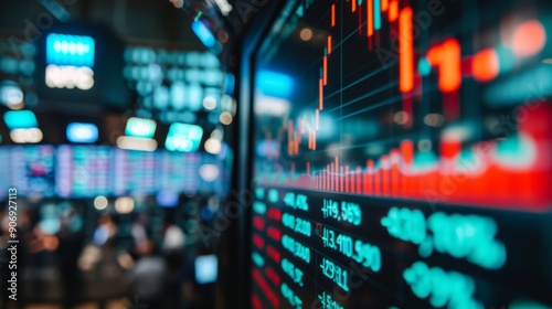 A bustling stock exchange floor with a prominent candlestick chart displayed on a large screen in the background