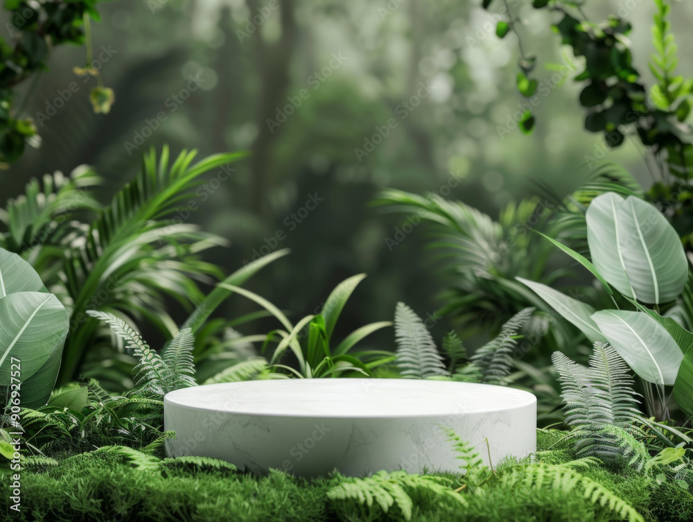 White Circular Platform Surrounded by Lush Green Foliage White Circular Platform Surrounded by Lush Green Foliage
