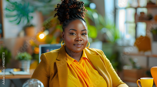 overweight nigerian businesswoman wearing chic, fitted blazer, vibrant yellow blouse posing in contemporary office space