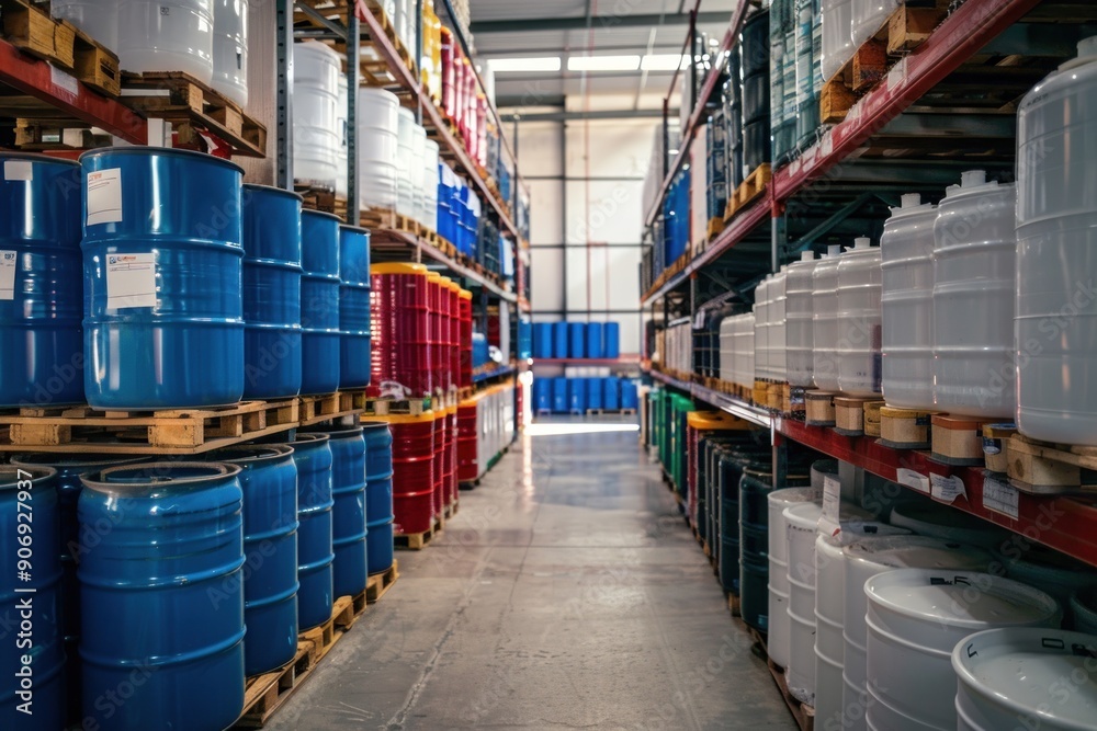 Fototapeta premium Chemical storage warehouse. Containers for chemical liquids. Warehouse system. Toxic barrels are kept in stock