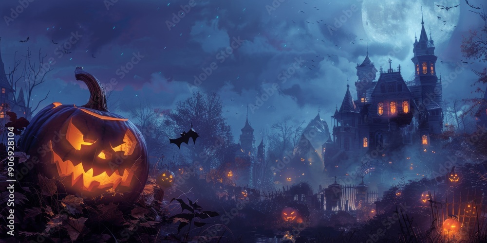 Halloween background with pumpkins and haunted house in the foggy night, spooky atmosphere, hatching style, orange light, highly detailed illustrations, Halloween background with pumpkins and haunted house in the foggy night, spooky atmosphere, hatching style, orange light, highly detailed illustrations,