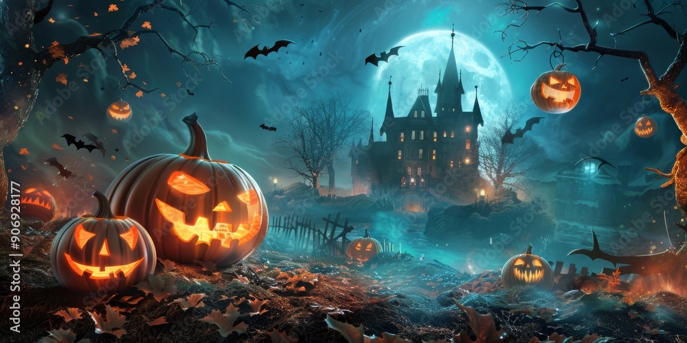 Halloween background with pumpkins and haunted house in the foggy night, spooky atmosphere, hatching style, orange light, highly detailed illustrations, Halloween background with pumpkins and haunted house in the foggy night, spooky atmosphere, hatching style, orange light, highly detailed illustrations,