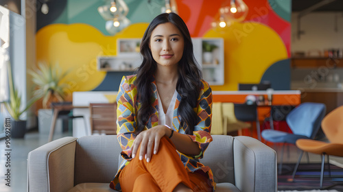young Filipino businesswoman wearing trendy jumpsuit with a geometric print, cropped blazer sitting in office with vibrant artwork