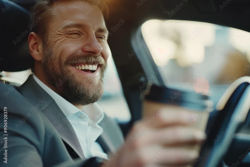 Close up of smiling businessman driving car while drinking coffee Close up of smiling businessman driving car while drinking coffee