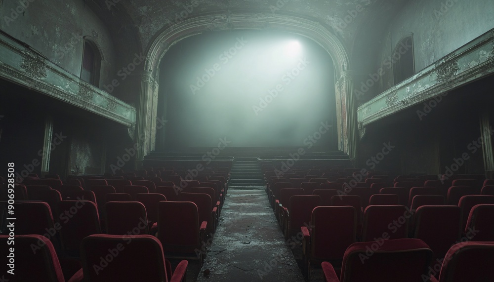 Haunted Theater with Eerie Figures in the Misty Aisles horror scene in Halloween Haunted Theater with Eerie Figures in the Misty Aisles horror scene in Halloween