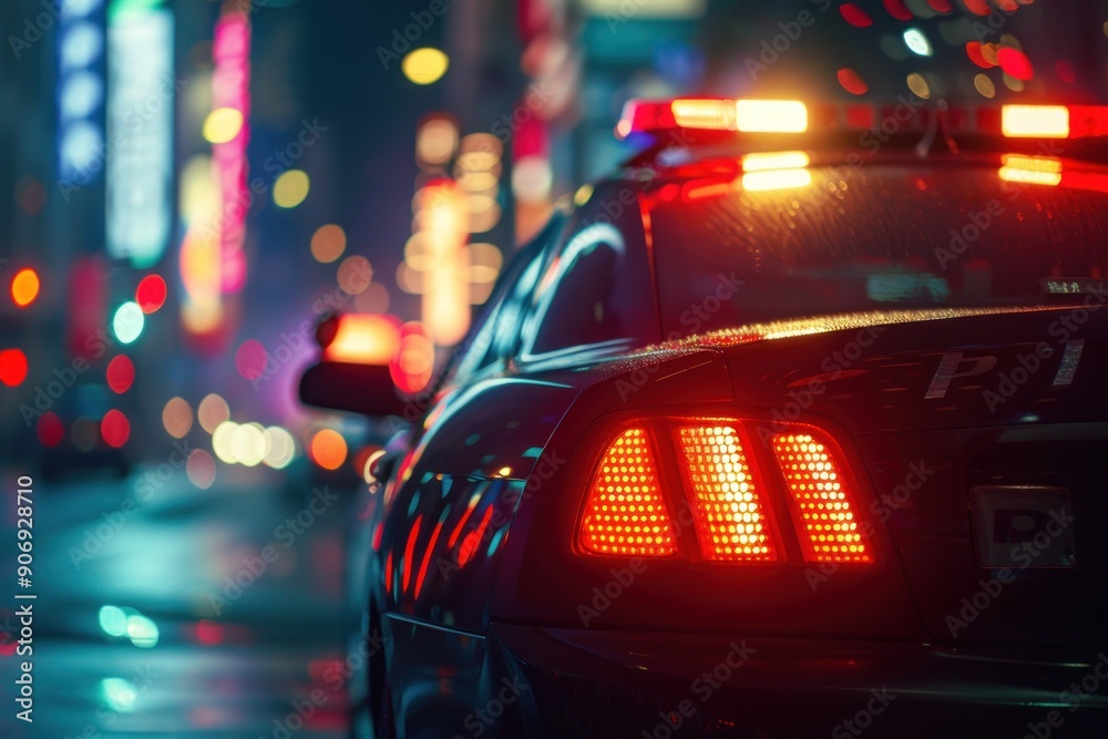 Close up police car lights in city at night Close up police car lights in city at night