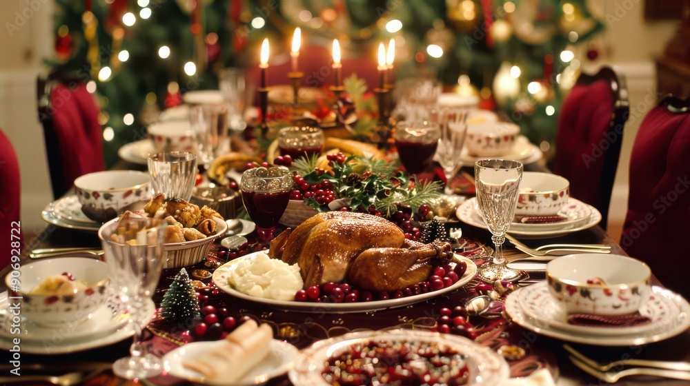 A beautifully set Christmas table with traditional dishes such as roast turkey, mashed potatoes and cranberry sauce, festive tableware and Christmas decorations. A beautifully set Christmas table with traditional dishes such as roast turkey, mashed potatoes and cranberry sauce, festive tableware and Christmas decorations.