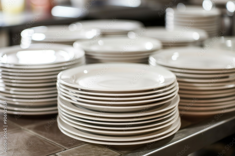 Closeup clean plates stack on a table ready for use Closeup clean plates stack on a table ready for use