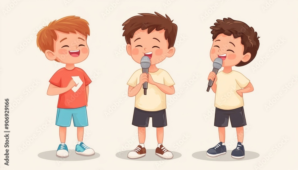Three energetic boys sing excitedly into microphones, standing close to each other Three energetic boys sing excitedly into microphones, standing close to each other