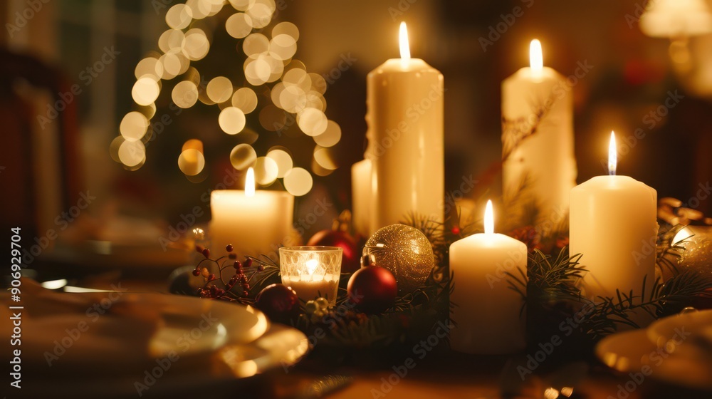 A beautifully set Christmas table with candles, Christmas decorations and elegant tableware, creating a warm and inviting atmosphere, a perfect Christmas background with space for text. A beautifully set Christmas table with candles, Christmas decorations and elegant tableware, creating a warm and inviting atmosphere, a perfect Christmas background with space for text.